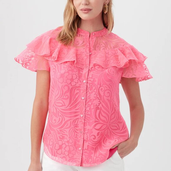 Trina Turk Beachfront Sheer Burnout Band Collar Short Sleeve Ruffle Top - Picture 1 of 5